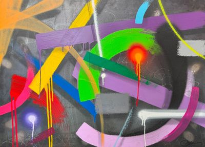 peinture représentant une œuvre abstraite multicolore sur un mur noir