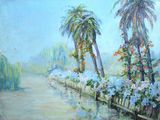 un tableau représentant une rivière bordée de palmiers et de fleurs