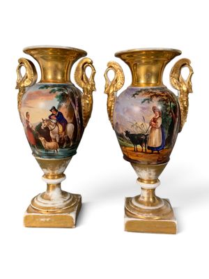 pair of antique vases with hand painted scenes on them