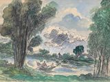 dessin représentant un bateau sur une rivière, avec des arbres et des nuages