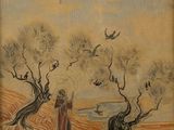 une image représentant un tableau où l'on voit un homme debout dans un champ, entouré d'oiseaux en vol