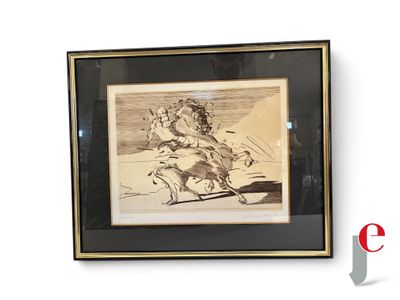 tableau représentant un homme à cheval avec un chien sur le dos