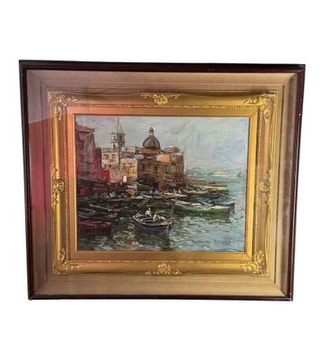 tableau représentant une ville au bord de l'eau, avec des bateaux sur l'eau
