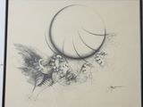 drawing of a group of birds with a ball in the background
