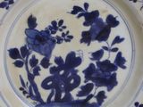 a blue and white plate with a flower design on it