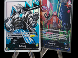 two cards that are on display on a table