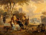 une peinture représentant un groupe de personnes assises sur un banc