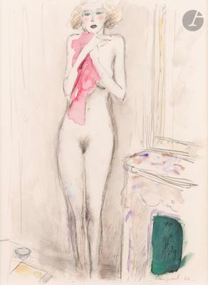dessin représentant une femme nue, portant un foulard rose, debout devant un miroir