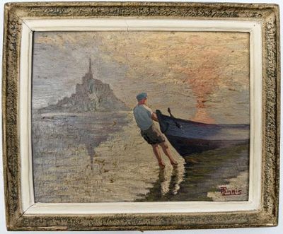 un tableau représentant un homme debout dans un bateau sur la plage