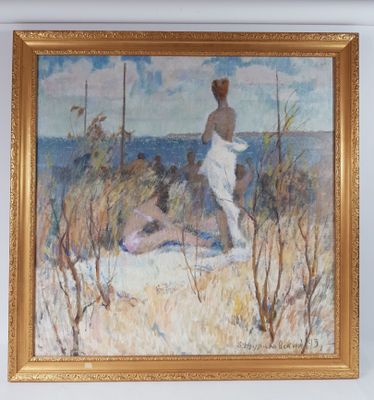 un tableau représentant un homme marchant sur la plage