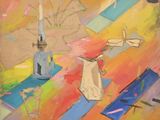 a painting of a vase and a candle on a table
