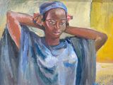 an oil painting of a woman with a blue scarf on her head