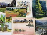 many different pictures of watercolor paintings on the wall