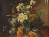 a painting of a vase of flowers and fruit on a table