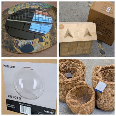 several pictures of a variety of items that include baskets, boxes, and a glass bowl