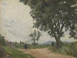 un tableau représentant un homme à cheval sur un chemin de terre