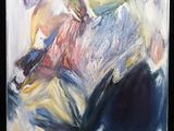 an abstract painting of a man with a guitar in his hand