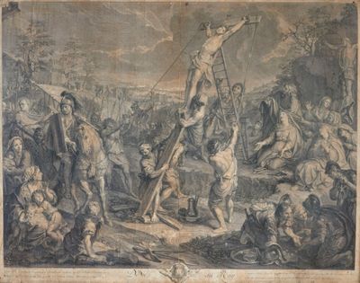 une image représentant un dessin d'un homme sur une échelle, au-dessus d'un groupe de personnes