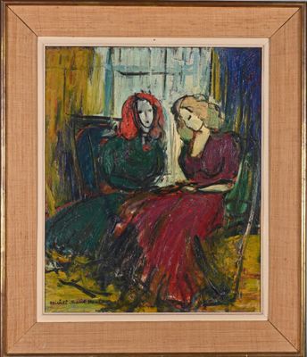 an oil painting of two women sitting on a couch in front of a window