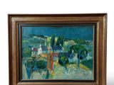 une peinture à l'huile représentant un paysage avec des arbres et des bâtiments