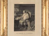 une vieille photo d'un homme assis sur une chaise devant un bureau