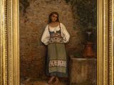 a painting of a woman holding a pot in front of a stone wall