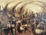 a painting of a group of people on a stage