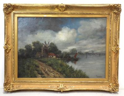 an image of a painting of a river scene with a boat in the water