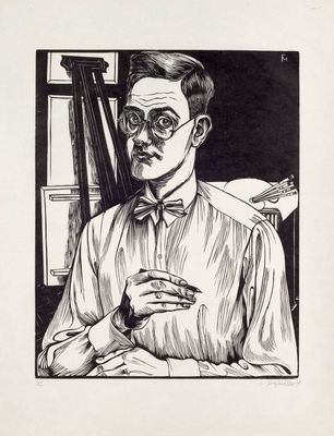 dessin représentant un homme portant des lunettes et un nœud papillon, tenant un sandwich