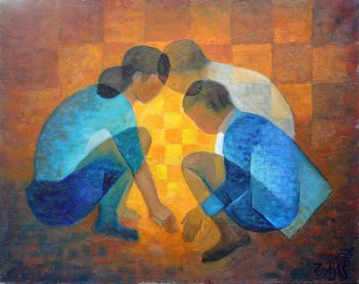 painting of three people kneeling in a circle with a light shining through them