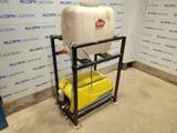a yellow container on a black cart in a room