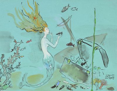 a painting of a mermaid sitting on a boat in the ocean