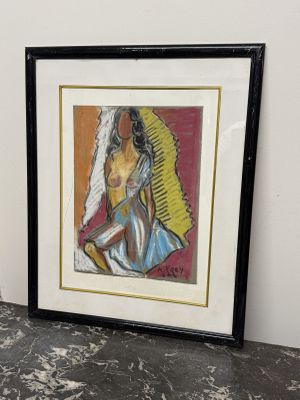une photo d'un tableau représentant une femme assise sur une table