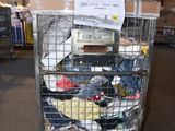 a metal cart with many items in it in a warehouse