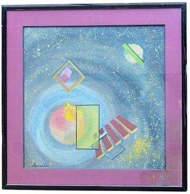 painting of a space station in a purple frame with a pink background