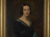 a painting of a woman in a black dress holding a book