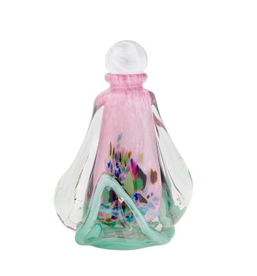 a glass bottle with a pink and green design on it