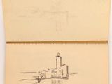 an old book with a drawing of a lighthouse on top of it