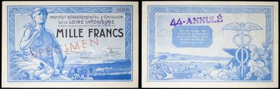 two old french bank notes with a picture of a woman and a man
