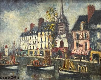 une peinture de bateaux dans un port avec des bâtiments à l'arrière-plan