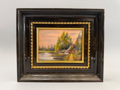un tableau représentant une scène fluviale avec une maison et un bateau