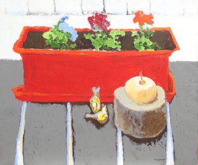a painting of a red planter with flowers in it