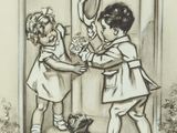 drawing of two children playing with a teddy bear in front of a door