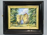 an oil painting of a castle with a blue door in a black frame