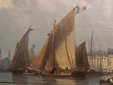 painting of boats in a harbor with buildings in the background