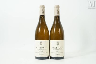 two bottles of white wine sitting next to each other on a white surface