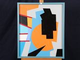 an image of a painting on a easel with a black background