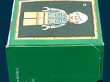 a green box with a picture of a man on it