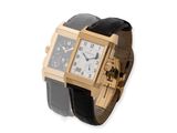 une image d'une montre-bracelet en or avec un bracelet en cuir noir