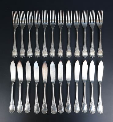 a set of twelve silverplated flatware forks and spoons